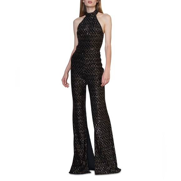 Monique Lhuillier Velvet Sequin Halter Jumpsuit - Jet Black...